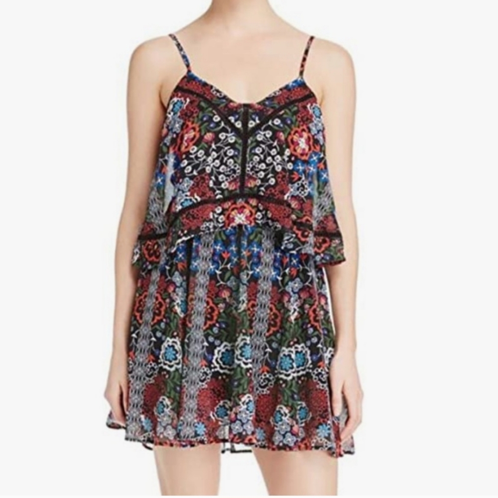 N/Nicholas Tiered Floral Ladder Stitch Tie Strap Dress
